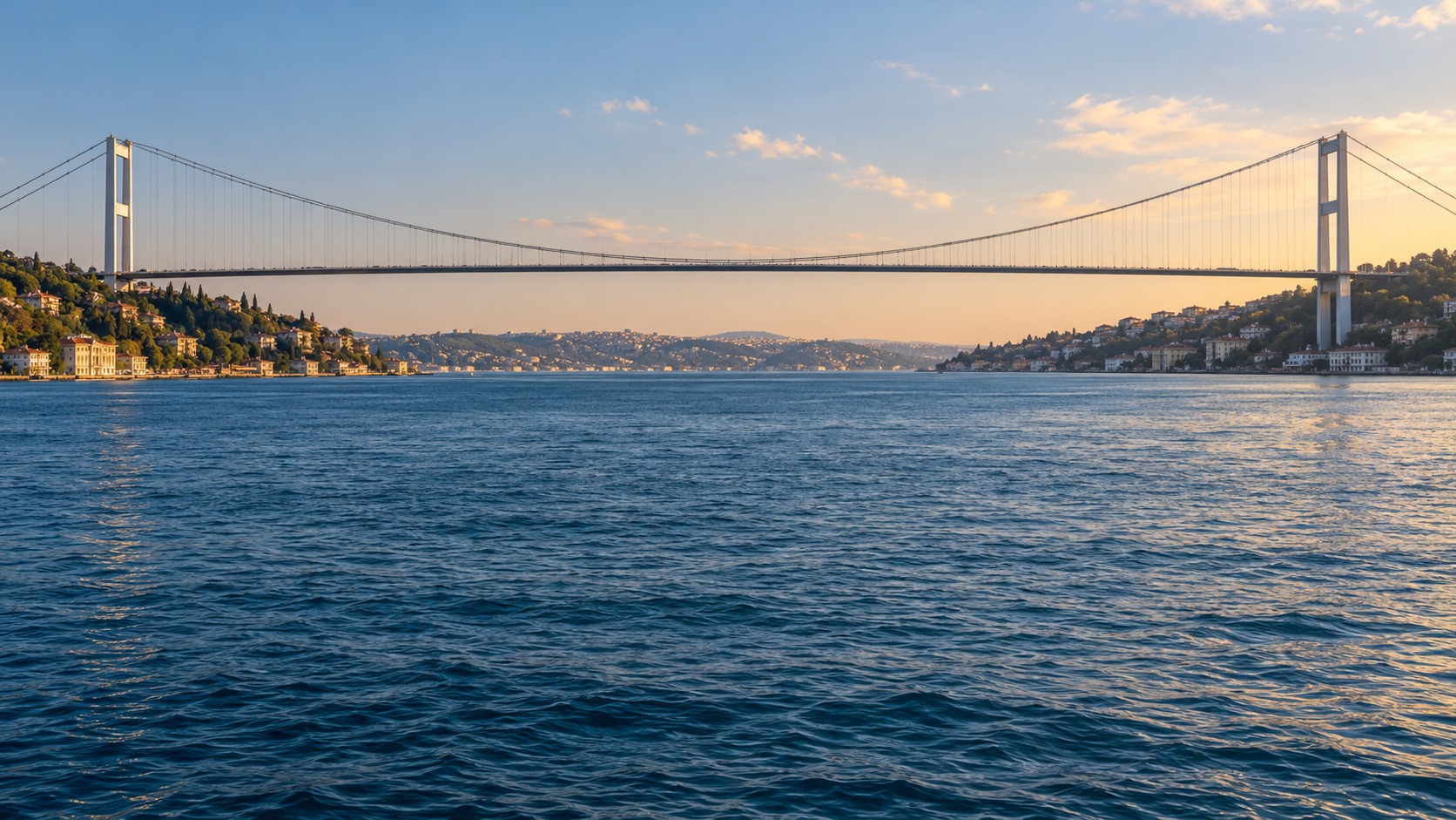 Panoramic view of the Bosphorus and its suspension bridge connecting Istanbul’s European and Asian shores